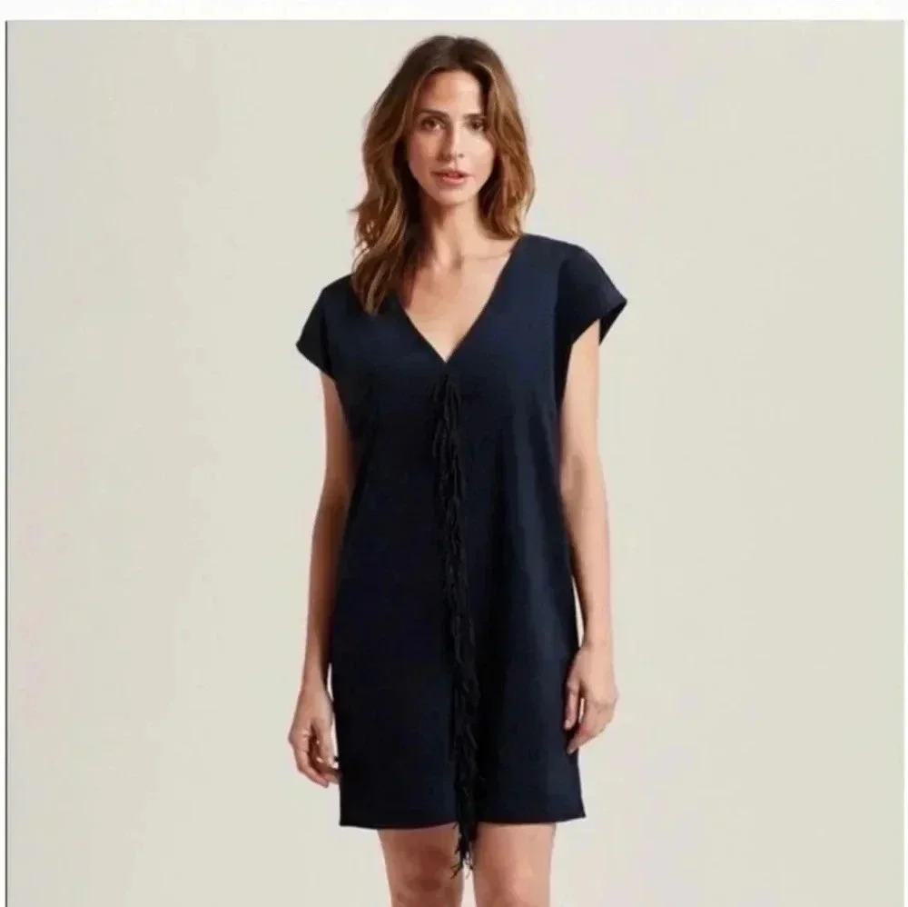 Marie Oliver Andi Navy Faux Suede Fringed Minimalist Boxy Shift Mini Dress(XS)